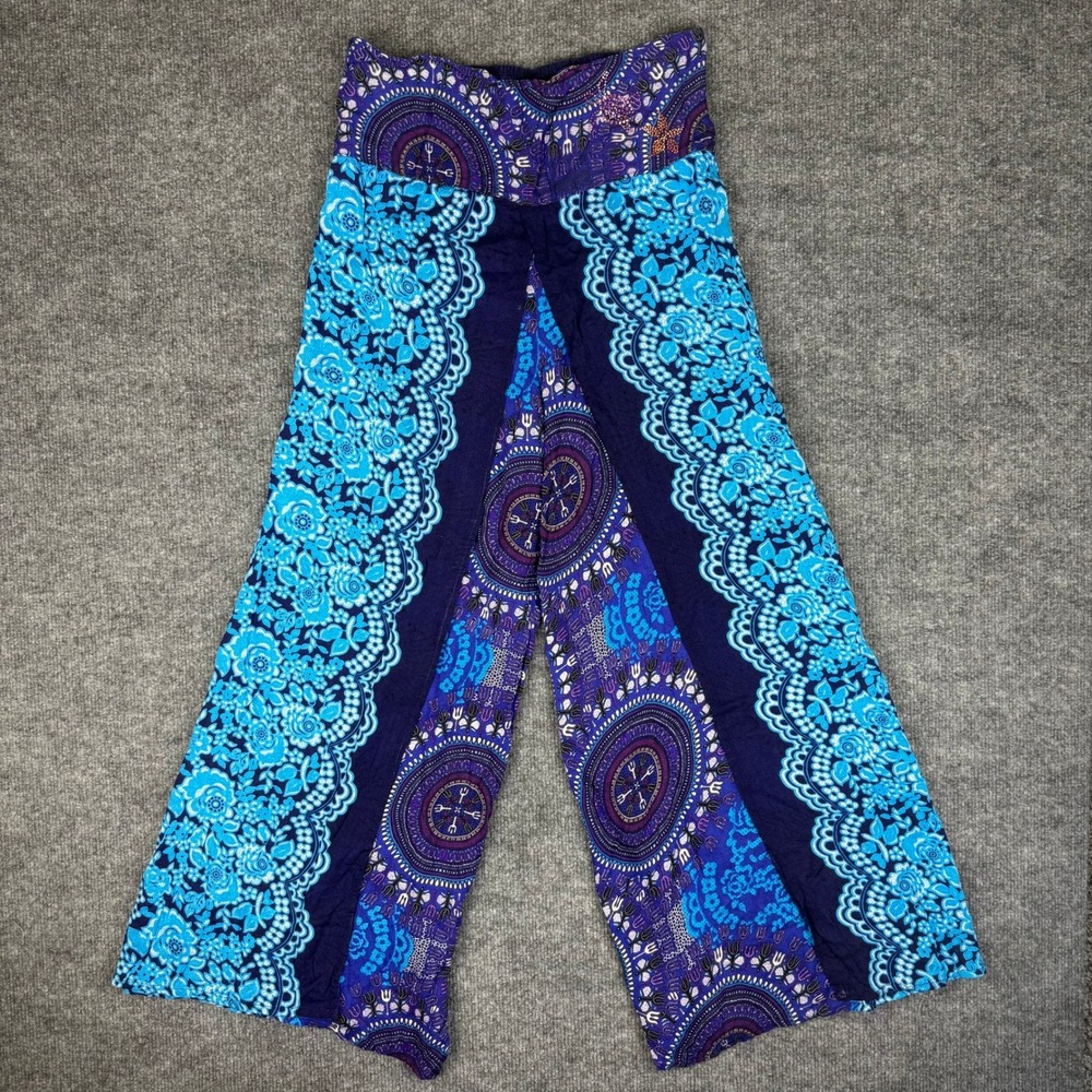 Foutaz Blue Purple Mandala Print Rhinestone Waist Wide Leg Harem Pants Sz S/M
